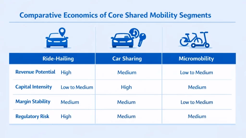 Comparative Economics of Core Shared Mobility Segments