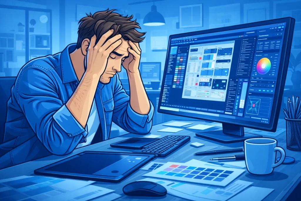 Frustrated designer working on complicated software